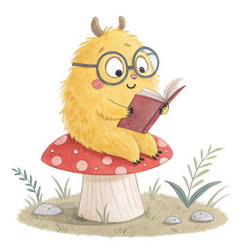 monster cartoon Wearing glasses and sitting on a mushroom reading a book Clipart Watercolor