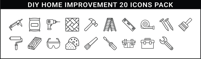 DIY Home Improvement Tool Icon Pack - 20 outline icons featuring essential DIY tools, equipment, and construction elements used in home renovation and repair projects.