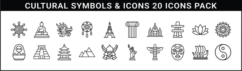 Naklejka premium Cultural Symbols and Global Heritage Icons Pack - A diverse set of 20 outline icons representing world cultures, landmarks, spiritual symbols, and historical heritage across continents.