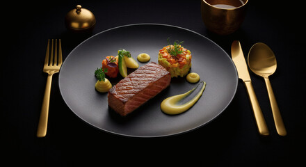 Gourmet Pan Seared Fish Dish with Vegetable Medley Puree and Gold Cutlery on Black Plate