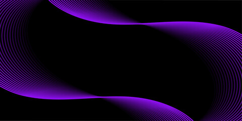 Abstract background with lines and waves. Medium banner size. Element for design isolated on black. Vector background for brochure, booklet, flyer, poster. Purple and black gradient