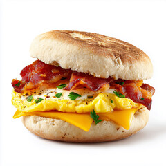 Breakfast sandwich with egg, bacon, and cheese in English muffin