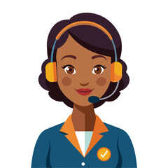 Smiling call center operator cartoon character in a business suit with a headphone