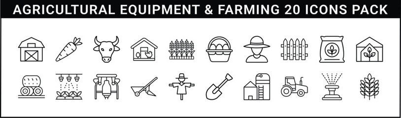 Agricultural Equipment and Farming Outline Icons Set - Line art icons representing farming tools, crops, livestock, barns, and agricultural machinery used in modern and traditional farming.