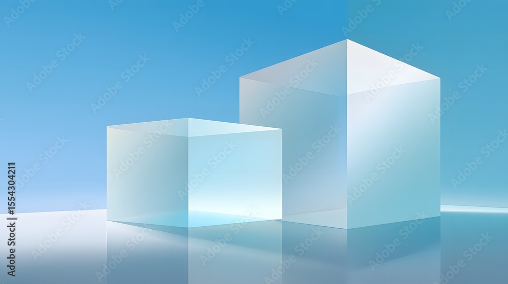Poster two translucent cubes with a gradient blue background, reflecting on a glossy surface.