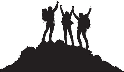 Silhouette of a mountain Hiker climber on top of hill isolated on white background