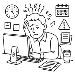 Line Art Illustration of Stressed Office Worker with Anxiety and Workplace Depression at Computer Desk