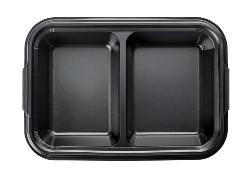 Top view takeaway plastic food box with two panels isolated on a transparent or white background