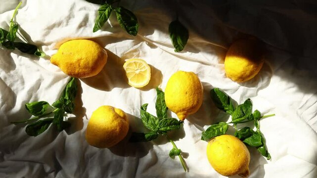 Bright yellow lemons and fresh basil leaves create a vibrant summer arrangement in Italy