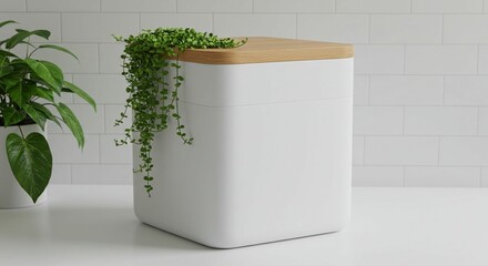 Modern white storage container with wooden lid