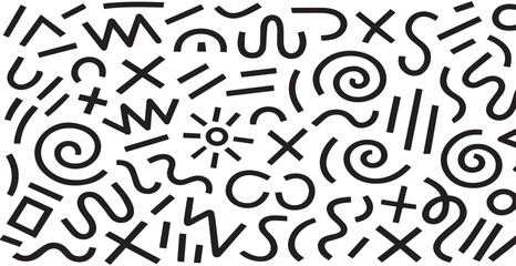 Memphis geometric seamless pattern. abstract background in retro 80s, 90s style with various shapes: circles, semicircles, dots, zigzags, spirals, wavy lines. Cute kid doodle design, png