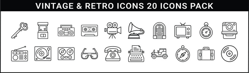 Vintage and Retro Icon Pack Outline Style - Outline icon set featuring 20 vintage and retro items such as cassette tapes, old cameras, radios, typewriters, and record players.