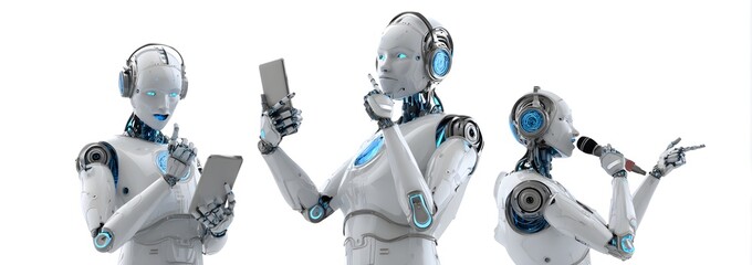 Three humanoid robots with headphones, engaging in various activities such as reading and pointing.