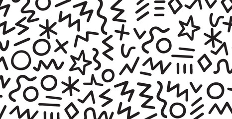 Memphis geometric seamless pattern. abstract background in retro 80s, 90s style with various shapes: circles, semicircles, dots, zigzags, spirals, wavy lines. Cute kid doodle design, png