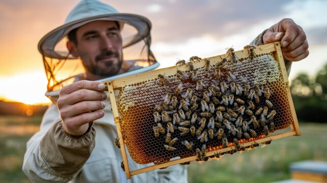 Caucasian male beekeeper examining honeycomb frame at sunset