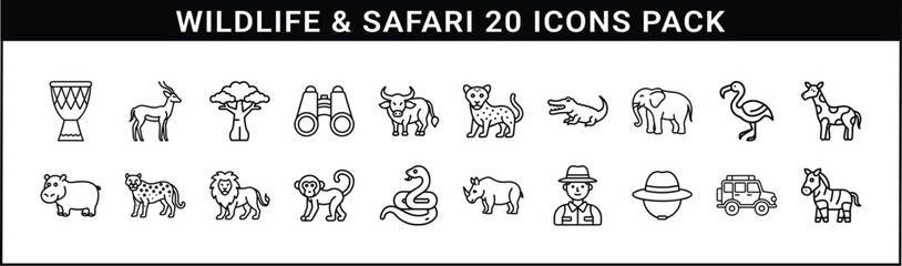 Wildlife and Safari Line Icons Collection - Set of outline icons featuring African wildlife, safari animals, tour gear, and nature exploration tools like binoculars and jeeps. © Hafeza