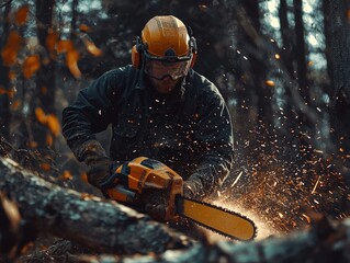 Woodcutter is engaged in professional cutting of trees with chainsaw