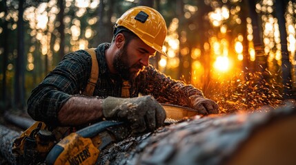 Logger professional engaged in cutting, processing and harvesting timber