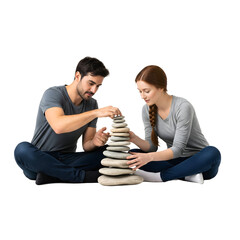 Two people building a stone cairn