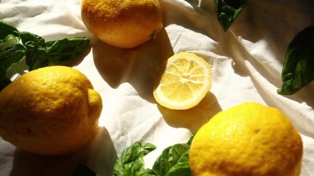 Bright yellow lemons and fresh basil leaves create a vibrant summer arrangement in Italy