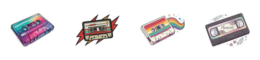 Obraz premium Retro cassette tapes art vintage style digital colorful creative fun cut out set png