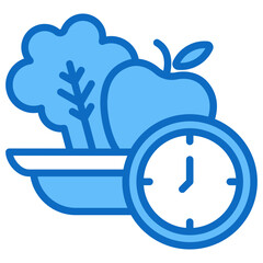 Meal Time - Blue Fill Outline Style Icon - bowl of vegetables with a clock symbol, representing scheduled or planned eating