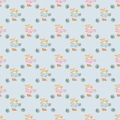 Cute seamless Christmas pattern with bunnies in pastel winter clothes holding gifts, surrounded by fir branches and blue background.  Ideal for kids’ holiday prints, wrapping, and textiles