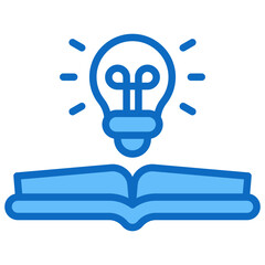 Read & Learn - Blue Fill Outline Style Icon - Open book with a light bulb, symbolizing reading or gaining new ideas