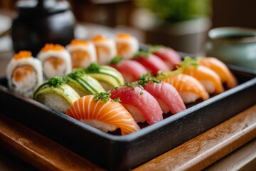 Assorted sushi arrangement salmon tuna avocado nigiri plus rolls with orange roe displayed on a dark tray