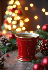 Christmas red and gold mug with Christmas coffee on a table decorated
