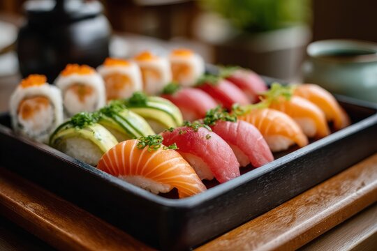 Assorted sushi arrangement salmon tuna avocado nigiri plus rolls with orange roe displayed on a dark tray - Powered by Adobe