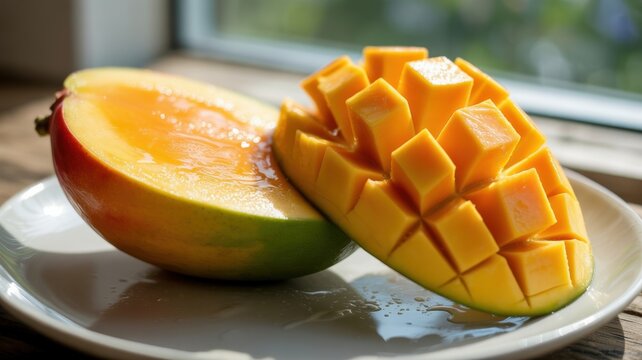 Fresh juicy mango sliced on plate by sunlit window
