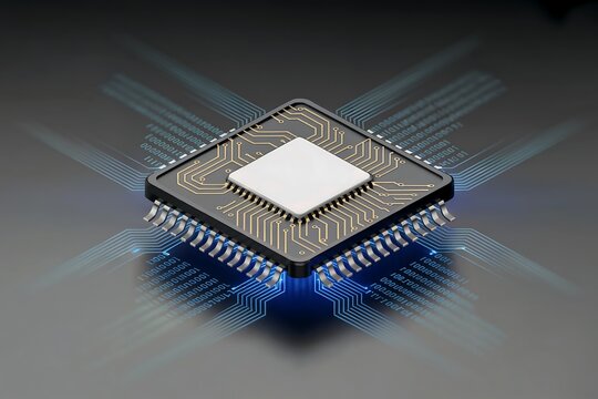 Modern CPU microchip showcases advanced technology, featuring intricate circuitry and futuristic design on gray background.