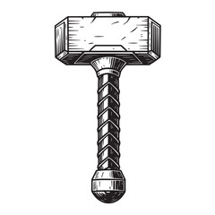 Vintage art silhouette of a powerful mjolnir hammer from norse mythology isolated
