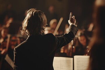 Conductor conducts an orchestr, the music of the orchestror the voices in choir sound coherent