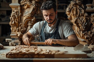 Carpenter with his own hands creating product from wood element of furniture decoration
