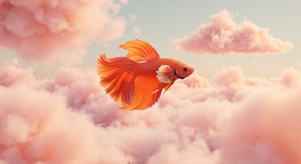 Orange betta fish swimming through pink clouds in a dreamy sky