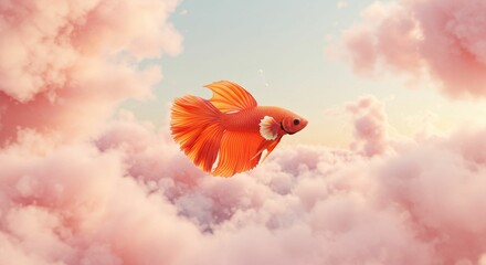 Orange goldfish swimming in a dreamy cloudscape illustration