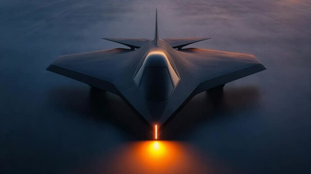 Stealth aircraft jet military flying dark futuristic technology aviation speed sky flight power engine modern design aerodynamic warplane combat fighter airforce silhouette dusk sunset orange glowing
