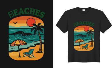 This beach-themed t-shirt design features vibrant ocean waves, palm trees, and a relaxing sunset vibe. Perfect for summer lovers, it captures the carefree spirit of coastal life. Ideal for vacations, 