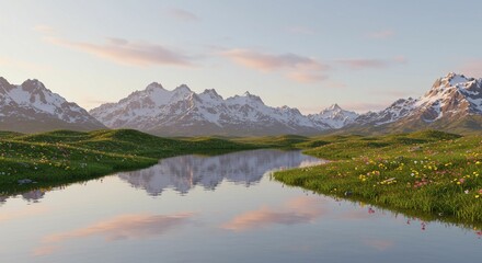 Peaceful mountain valley river reflection