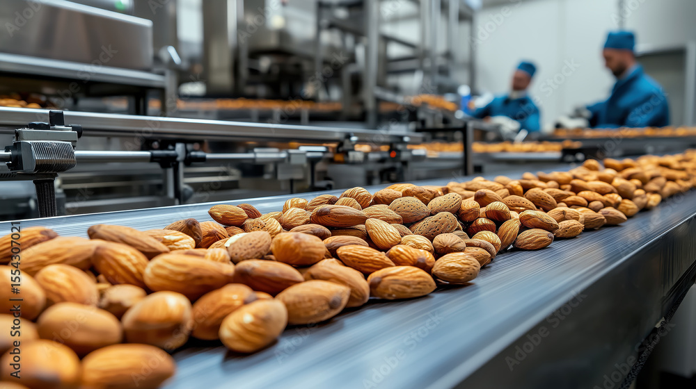 Poster almonds on conveyor belt in modern food processing facility with workers in blue uniforms engaged in