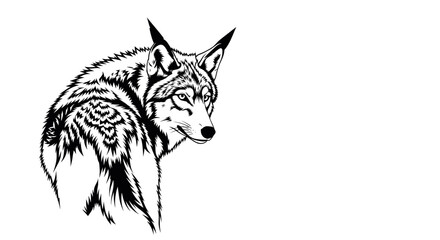 Obraz premium Detailed Black and White Illustration of a Solitary Wolf with Intricate Linework and Texture on a Clean White Background