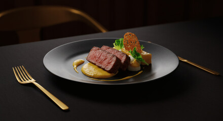 Gourmet Seared Steak Dinner Plate Elegant Restaurant Meal Delicious Food Photography