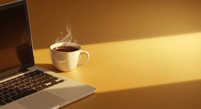 a cup of coffee next to an open laptop on the left, bathed in golden shine style with sunlit gold tones, ample copy space on the right., digital illustration