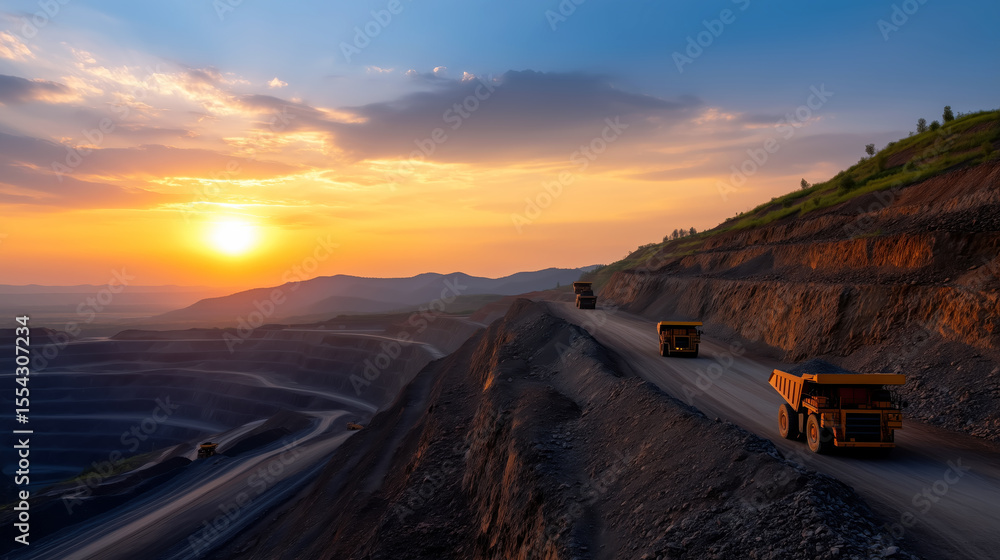 Poster expansive open-pit mining landscape at sunset with heavy machinery transporting materials in a remot