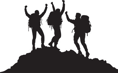 Silhouette of a mountain Hiker climber on top of hill isolated on white background
