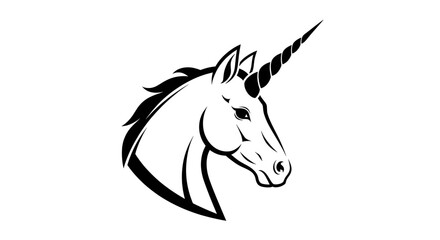 Sleek Unicorn Head Monochrome Illustration on White Background with Sharp Lines and a Majestic Horn Design