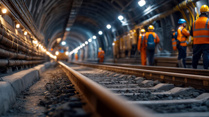 Fototapeta premium Workers in Safety Gear Conducting Maintenance in a Dimly Lit Railway Tunnel with Train Approaching in the Background