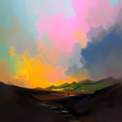 Serene Nature Landscape with Mountains, River, and Sunset Sky &ndash; Ideal Background for Design and Print, Generated AI